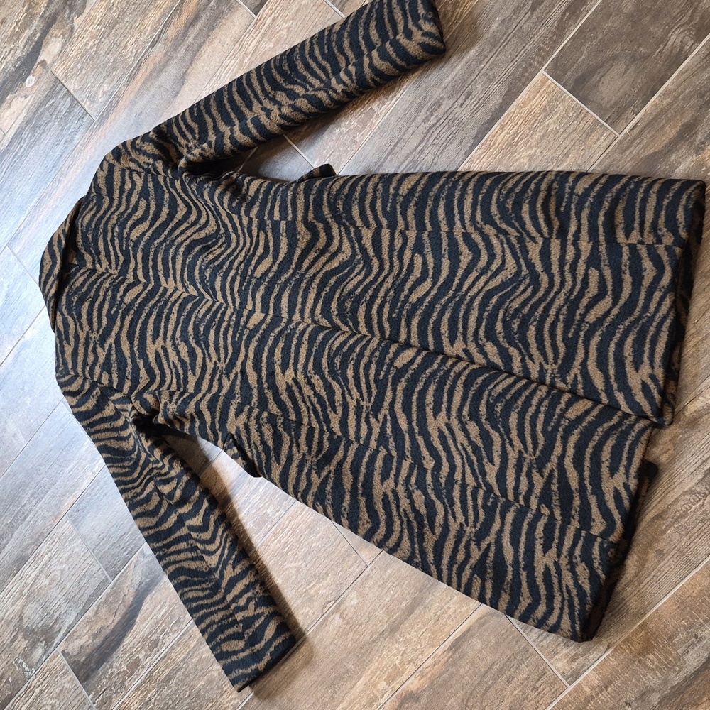 Tahari Black & Brown Wool Blend Lined 1 Button Zebra Print Midi Coat Pockets XS - Picture 9 of 9